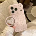 Macro detail of a pink magnetic iPhone case with bunny patterns and a heart ring - Bunny and Flower Style (Heart Magnetic Stand) / 17 Pro Max Precise Hole / Guava Pink