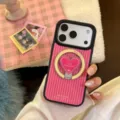 Close-up detail of a pink striped iPhone case featuring a heart-shaped magnetic ring holder. - Black Magnetic Pink Stripes + Berry Pink Heart Stand / For Huawei Mate 70