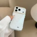 Close-up of white heart patterns and silver glitter on a transparent iPhone case - White Lace Heart (Varnish) / 17promax / Clear