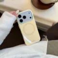 Gros plan détaillé d'une coque magnétique jaune crème pour iPhone avec anneau MagSafe - Style sans Support / Jaune mangue / Iphone 18