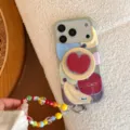 Colorful summer fruit graffiti iPhone case with red apple phone grip and beaded lanyard - Magnetic Case + Apple Stand + Beaded Strap Set / Colorful Fruit Tray (Multicolor Graffiti) / iPhone 17 Pro Max