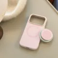 Zoom sur une coque MagSafe rose à pois avec son support pop socket assorti - iPhone 17 Pro Max / Rose Baie (Point Blanc Sable + Support Grille Rose)