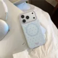 Coque iPhone à pois bleu clair compatible MagSafe avec de jolies paillettes roses - iPhone 17 Pro Max / Bleu Ciel (Pois Violets Sable)