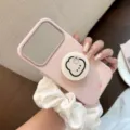 Gros plan d'une coque iPhone rose avec miroir intégré et support de téléphone animal mignon. - Rose Baie Avec Support Lapin / iPhone 17 Pro Max