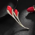 Close-up detail of an elegant red tulip brooch featuring sparkling pavé crystals - Red Tulip (X164)