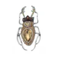 Detailed view of punk style beetle brooch with brown and multi-color rhinestones. - Brown