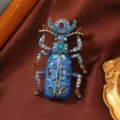 Vintage blue enamel beetle brooch with rhinestones for women, elegant scarab pin - Egyptian Scarab Brooch / Blue