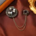 Vintage style antique gold brooch featuring rhinestone details and a double tassel chain - Round Flower Tassel Style (Style 4)