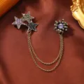 Vintage star and sunburst rhinestone brooch set with double golden tassel chains - Star Moon Sun Flower Tassel Style (6)