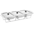 Stainless steel triple chafing dish buffet server with glass lids and food pans for catering. - 1.5L Triple / Silver