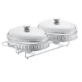 Doppio scaldavivande da buffet con ciotola in vetro supporto in metallo argentato - Scomparto Doppio / 2.0L ovale decorato argento