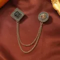 Vintage antique gold brooch set with double tassel chains and crystal rhinestones for SKU - Square Black Gemstone Tassel Style (7)