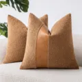 Funda de cojín decorativa moderna de tela bouclé marrón y cuero sintético - 45x45cm / Marrón