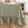 Dark green checkered tablecloth with elegant ruffled lotus leaf edges for dining table - 140*260cm / Green Plaid