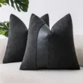 Funda de cojín decorativa de bouclé gris carbón y cuero sintético con empalme - 45x45cm / Negro puro