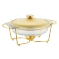 Elegant golden chafing dish with a heat-resistant glass bowl and stainless steel lid - 2.0L Oval Line Style / 8 Pcs Set / Gold