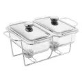 Chauffe-plat buffet en verre double avec support métallique et couvercles pour traiteur. - 1.3L*2 Pièce Unique/Paquet / Argent