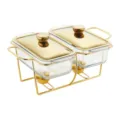 Chauffe-plat buffet double en verre rectangulaire doré 1.3L avec support en métal - 1.3L*2 Pièce Unique/Paquet / Or