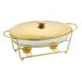 Oval glass chafing dish with gold metal stand and double burner food warmer for restaurant use. - 3.0 Lines Gold