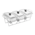 Detail view of the triple glass chafing dish with metal stand and clear glass covers. - Three Grid / 1.3L / Silver