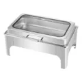 Commercial grade stainless steel chafing dish with hydraulic flip lid and glass window - Rectangular High Leg / Alcohol Heating / Silver