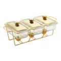 Triple glass food warmer detail with heat-resistant bowls and luxury gold metal stand. - Three Grid / 1.3L / Gold