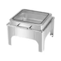 Premium stainless steel square chafing dish with glass viewing window and hydraulic lid - Square High Leg / Alcohol Heating / Silver