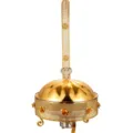 Gold stainless steel round chafing dish buffet warmer with rotating hanging pot design. - 6L / Type B