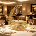 Gold European-style crescent buffet warmer with glass lid and 52cm height dimensions - Moon Shape Round Style / 45x25.5x52cm