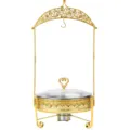 Round gold buffet chafing dish with glass lid and ornate hanging stand for catering events. - 6L / D-Type
