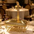 Luxurious gold-finished buffet chafing dish with ornate floral base, 41cm length. - Classic Rectangular Style / 41x24.5x45.5cm