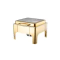 Gold stainless steel square buffet chafing dish with a transparent glass lid for hotels. - Square High Leg / Alcohol Heating / Gold
