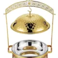 Calentador de buffet redondo de acero inoxidable con tapa colgante y soporte dorado elegante. - Tipo E