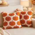 Gemütliche Plüsch-Kissenbezüge mit orangefarbenen Kürbis-Stickereien für die Herbstdekoration - 30x50cm (Nur Bezug) / Weiß Orange