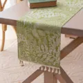 Fresh green floral printed table runner with elegant white fringe tassels on a rustic table - Leaf Beige Tassel Style / 30X180cm / Green