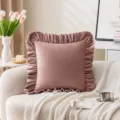 Elegant dusty pink velvet throw pillow cover featuring decorative ruffled edges for sofa - Mauve Ruffle