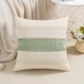 Boho cream and green woven cushion cover with intricate cotton splicing and lace details - Pea Green (Knitted Border)