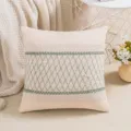 Rustic cream cotton throw pillow with green woven diamond pattern embroidery detail - Pea Green (Diamond Pattern)