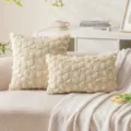 Elegant creamy white plush cushion cover featuring delicate leaf embroidery for home - Beige Leaves