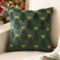Dark green Christmas tree embroidered plush throw pillow cover with festive yellow bows - Christmas Tree & Red Bow Set / 45x45cm(Cover Only) / Green