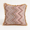 Bohemian ethnic geometric pattern cushion cover featuring mustard yellow pom-poms - Retro Wave / 45x45cm