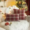 Festive red plaid Christmas cushion cover with white snowflake prints on fur rug - Red Snowflake Plaid / 40*40cm Only (Without Core)