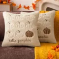 Housse de coussin en peluche crème avec citrouilles brodées et texte Hello Pumpkin chic - 45x45cm (Sans Insert) / Tige Vert Olive Foncé Beige