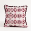 Bohemian ethnic style cushion cover with maroon geometric patterns and pom-pom trim - Princess Mirror