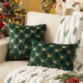 Dark green plush Christmas tree pillow covers with embroidered golden bow details - Green Tree and Bell / 30x50cm(Cover Only) / Green