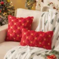Festive red plush pillow cover featuring embroidered Christmas trees and golden bows - Red Tree and Bell / 30x50cm(Cover Only) / Red