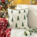 Christmas tree embroidered chenille cushion cover with green piping for festive sofa decor - 45x45cm Without Insert / Green