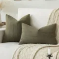 Elegant olive green textured linen pillow cover with subtle stripes for sofa decor - Army Green