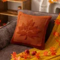 Warm orange plush throw pillow cover featuring embossed autumn maple leaf design - Maple Leaf Pattern / 45x45cm (Cover Only / Without Insert) / Caramel color