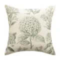 Vintage floral cushion cover with green hydrangea print on beige linen-like fabric. - Hydrangea-Grass Green